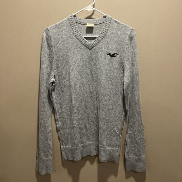 Hollister Men's Gray V-neck Sweater M Preppy Academia Urban Staple Neutral Logo - Picture 1 of 12